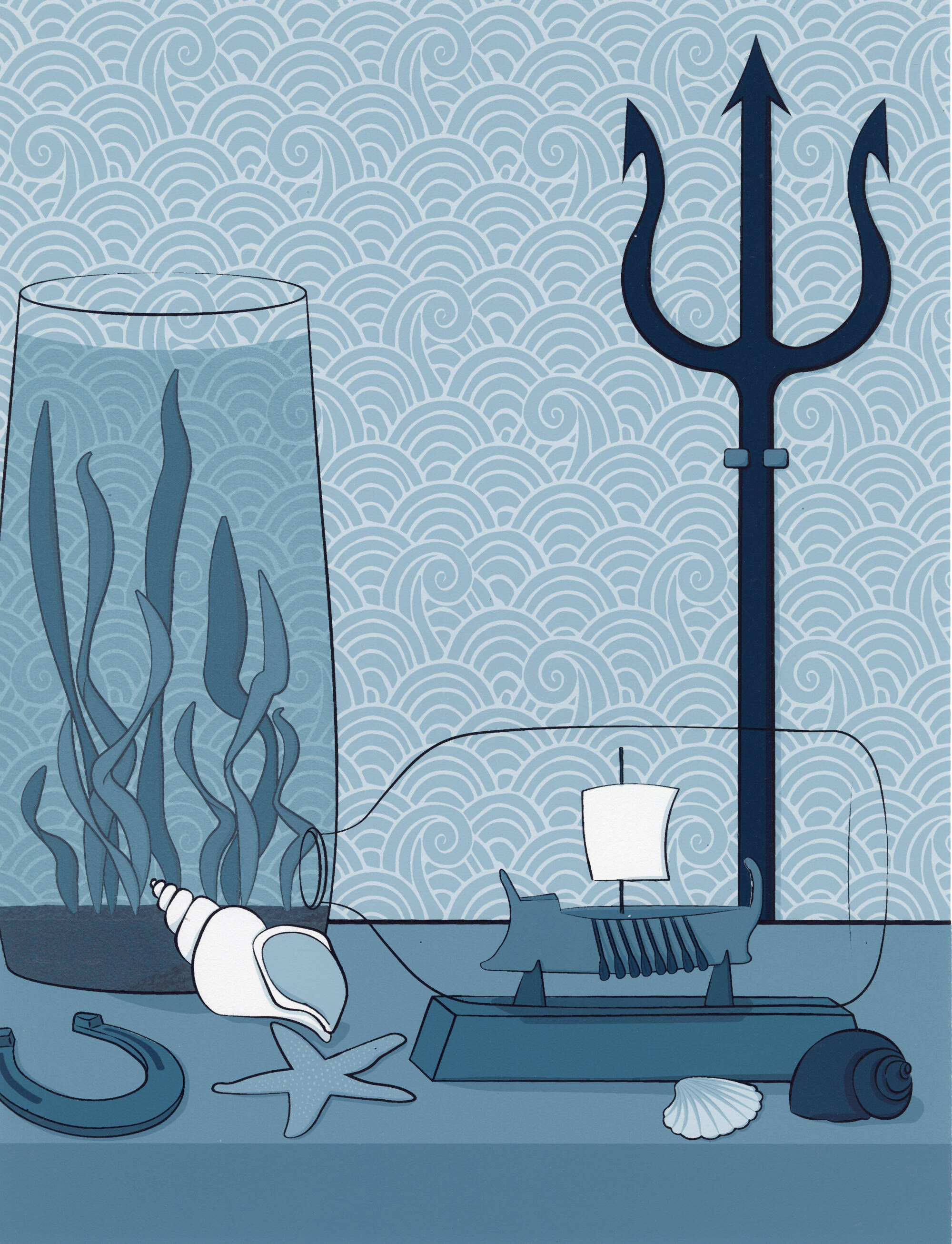 Print in shades of blue with various symbols that represent Poseidon, including a triton, a ship in a bottle and seaweed growing in a vase.